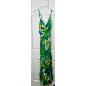 fuxiasmoda women's green tropical leaf print maxi dress twist front tie back
